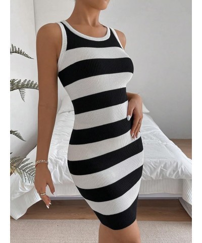 Women's Knit Dress Striped Round Neck Sleeveless Knitted Short Bodycon Tank Sweater Dress Black and White $14.49 Dresses