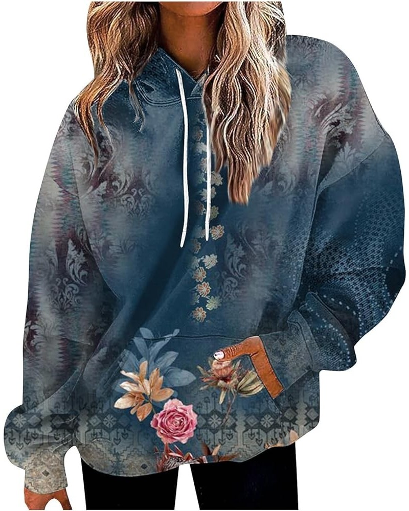 Oversized Sweatshirt For Women,Womens Floral Print Hoodies Long Sleeve Drawstring Hooded Pullover With Pocket 1-navy $10.61 Tops