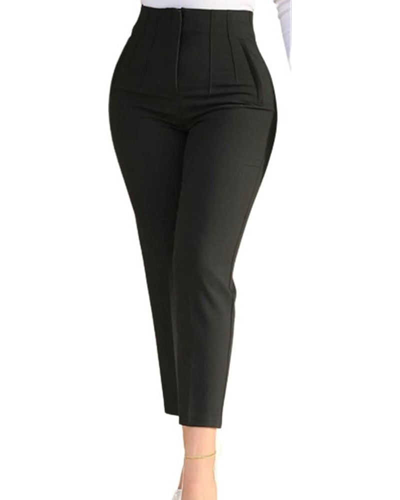 Women Trousers Women High Waist Pleated Suit Pants Pockets Ninth-Length Solid Color Straight Leg Business Black $11.31 Pants