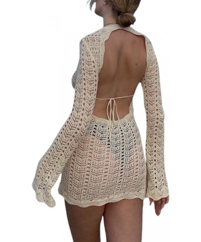 Crochet Knit Mini Dress for Women Sexy Sleeveless Hollow Out Bodycon Short Dress Slim Fit Beach Sundress U Beige White $16.63...