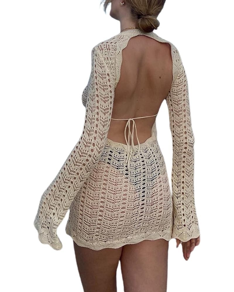 Crochet Knit Mini Dress for Women Sexy Sleeveless Hollow Out Bodycon Short Dress Slim Fit Beach Sundress U Beige White $16.63...