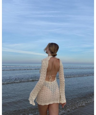 Crochet Knit Mini Dress for Women Sexy Sleeveless Hollow Out Bodycon Short Dress Slim Fit Beach Sundress U Beige White $16.63...