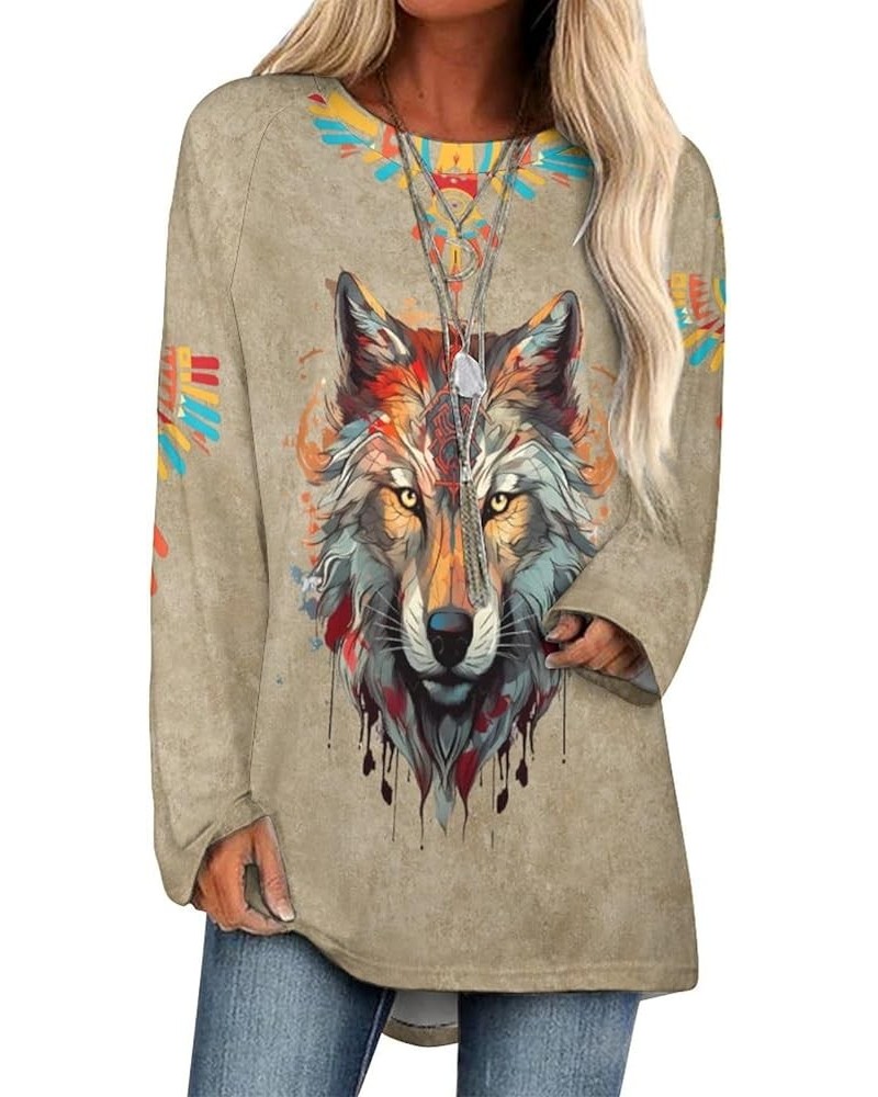 Aztec Vintage Sweatshirt for Women Casual Cowboy Pullover Shirt Western Ethnic Pattern Country Artistic Tops Khaki-wolf $13.5...