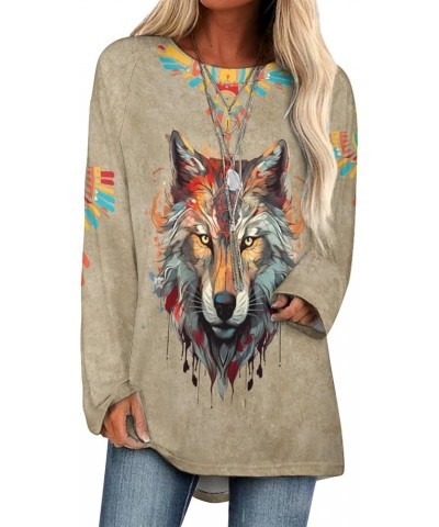 Aztec Vintage Sweatshirt for Women Casual Cowboy Pullover Shirt Western Ethnic Pattern Country Artistic Tops Khaki-wolf $13.5...