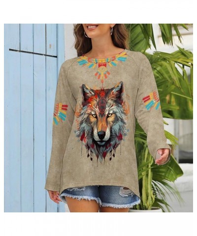 Aztec Vintage Sweatshirt for Women Casual Cowboy Pullover Shirt Western Ethnic Pattern Country Artistic Tops Khaki-wolf $13.5...