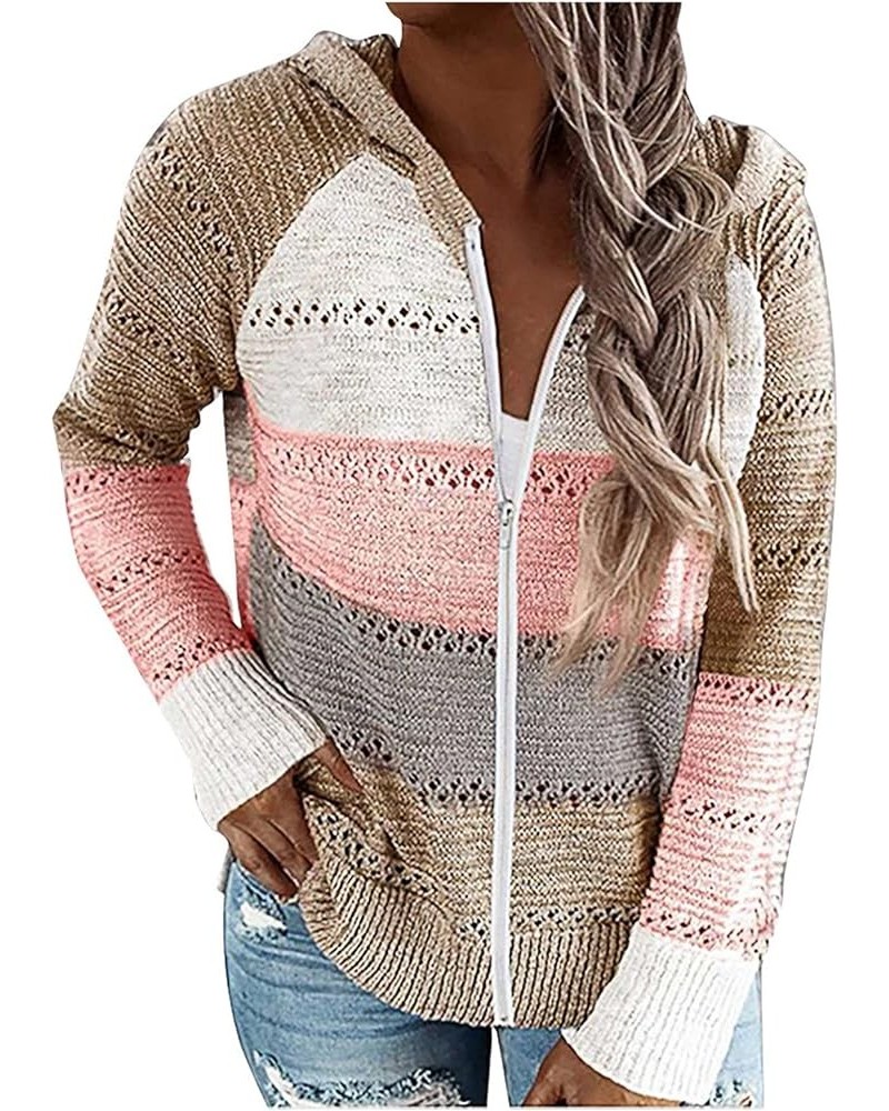 Knit Sweater Women Zip Up Hoodie Jacket Lightweight Drawstring Color Block Sweatshirt Fall Long Sleeve Hooded Sweater 01-pink...