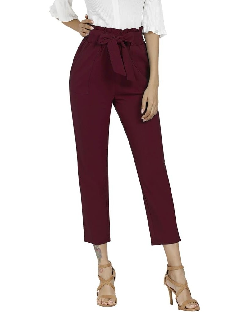 Women's Pants Casual Trouser Paper Bag Pants Elastic Waist Slim Pockets Wine Red $18.90 Pants