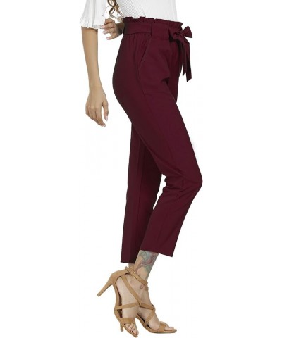 Women's Pants Casual Trouser Paper Bag Pants Elastic Waist Slim Pockets Wine Red $18.90 Pants