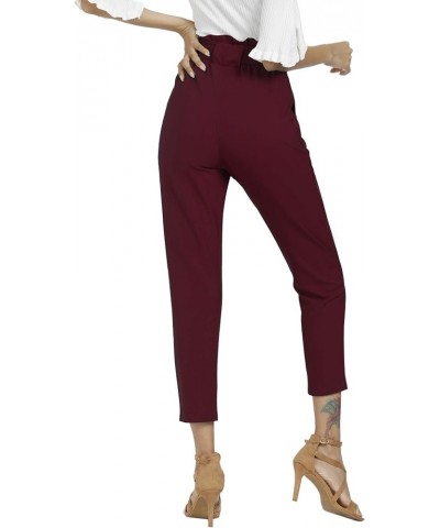 Women's Pants Casual Trouser Paper Bag Pants Elastic Waist Slim Pockets Wine Red $18.90 Pants