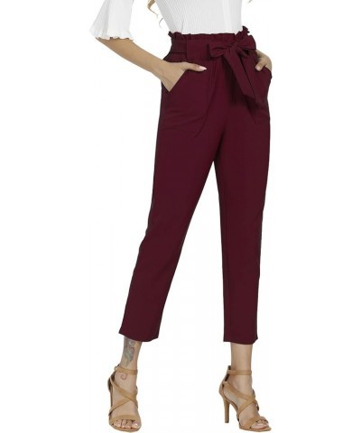 Women's Pants Casual Trouser Paper Bag Pants Elastic Waist Slim Pockets Wine Red $18.90 Pants