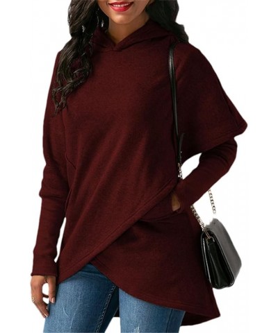 Women Asymmetric Hem Long Hoodies Casual Oversized Poncho Sweatshirt Dress Hooded Pullover Top with Pockets Burgundy4 $15.80 ...