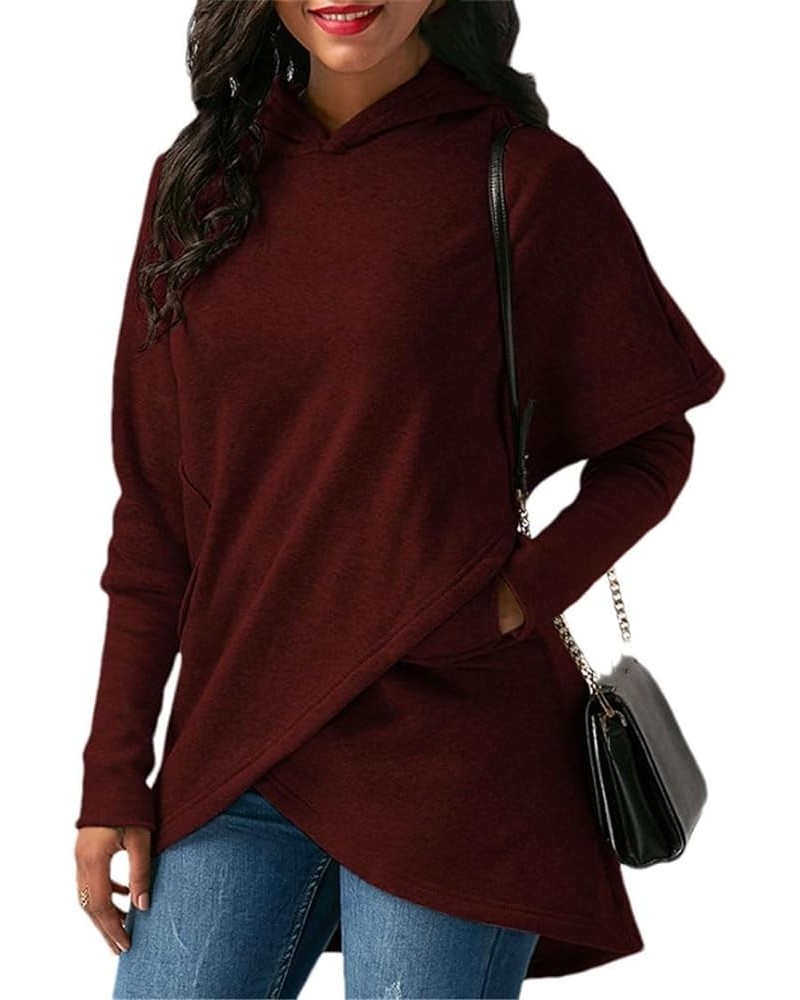 Women Asymmetric Hem Long Hoodies Casual Oversized Poncho Sweatshirt Dress Hooded Pullover Top with Pockets Burgundy4 $15.80 ...