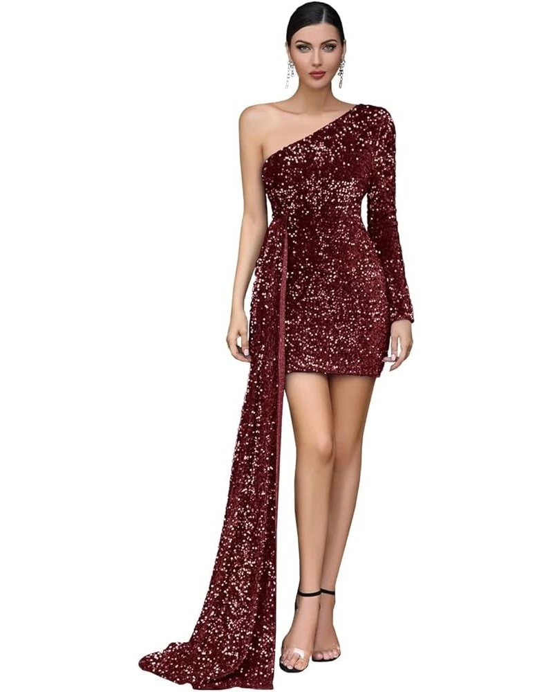 Women's One Shoulder Sequin Prom Dresses Short Long Sleeve Corset Sparkly Formal Evening Party Gowns with Train Burgundy $39....