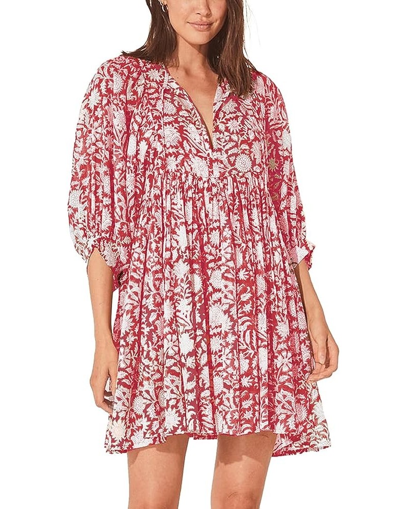 Puff Sleeve Dress for Women - Fall Beach Boho Half Open Collar Loose Midi Dress Red Floral $23.76 Dresses