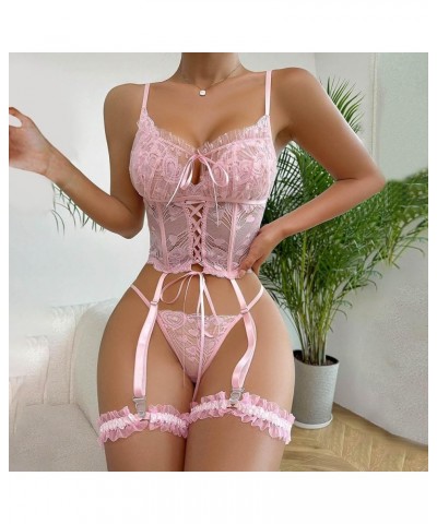 Lingerie Sets for Women Sexy 2024, Teddy Lingeries Sexy Naughty Pink Lace See Through Underwear Garter Belts Bra Set Pink $9....