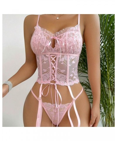 Lingerie Sets for Women Sexy 2024, Teddy Lingeries Sexy Naughty Pink Lace See Through Underwear Garter Belts Bra Set Pink $9....