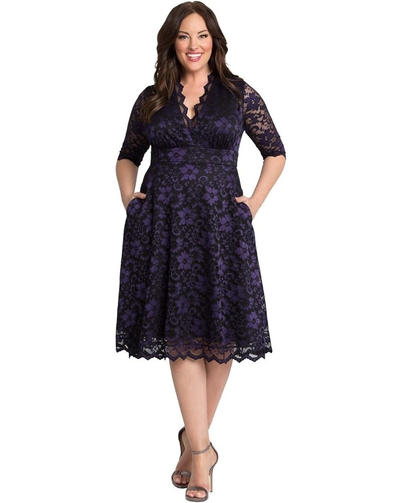 Women's Plus Size Mon Cherie Lace Dress, A-Line Midi Semi-Formal or Formal Cocktail Party Dress for Wedding Guest Violet Noir...