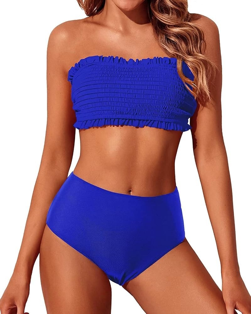 Women's Bandeau Bikini Set Two Piece Smocked Swimsuits Ruffle Off Shoulder Bathing Suit with High Waisted Bottoms Royal Blue ...