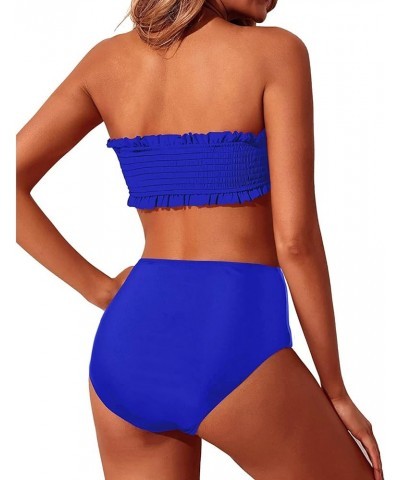 Women's Bandeau Bikini Set Two Piece Smocked Swimsuits Ruffle Off Shoulder Bathing Suit with High Waisted Bottoms Royal Blue ...