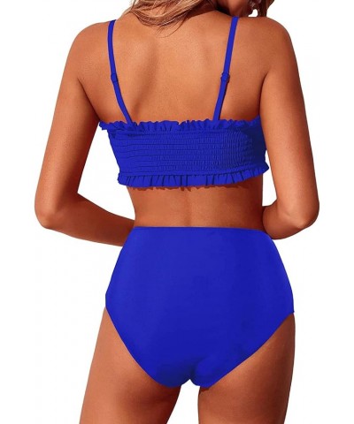 Women's Bandeau Bikini Set Two Piece Smocked Swimsuits Ruffle Off Shoulder Bathing Suit with High Waisted Bottoms Royal Blue ...