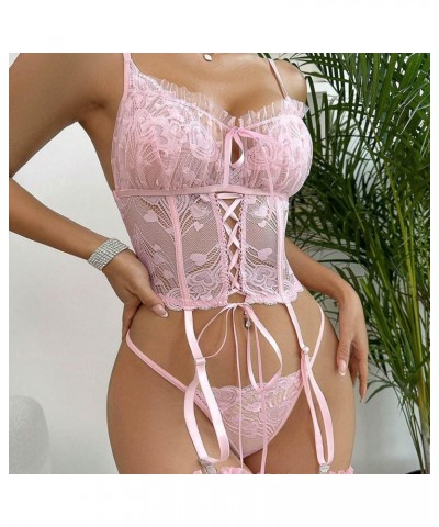 Lingerie Sets for Women Sexy 2024, Teddy Lingeries Sexy Naughty Pink Lace See Through Underwear Garter Belts Bra Set Pink $9....