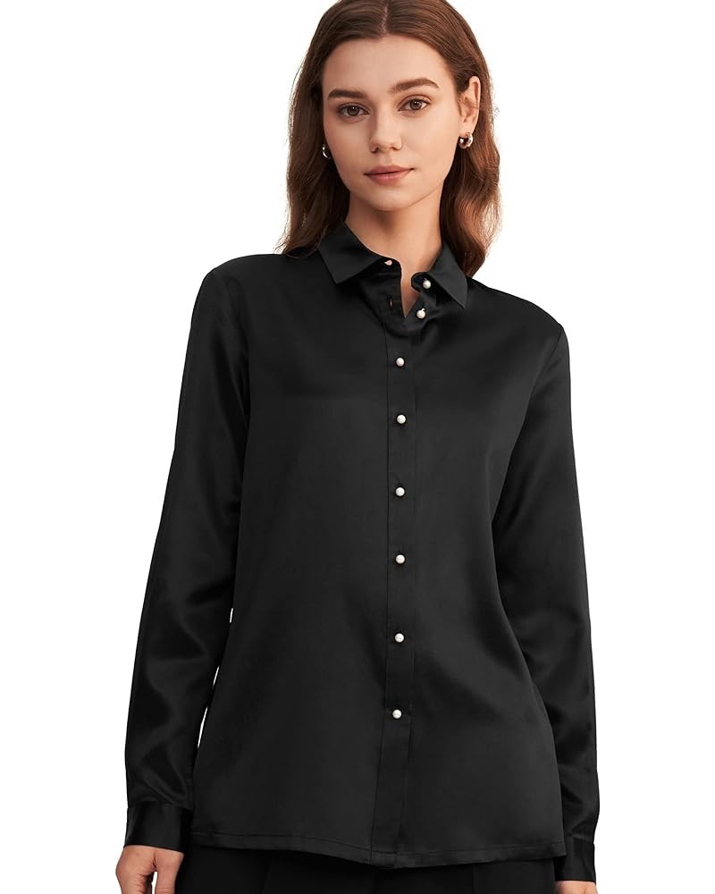 Silk Shirts for Women Basic Formal Office Vintage Long Sleeve Pearl Button Down Silk Blouse Tops for Ladies Black $66.24 Blouses