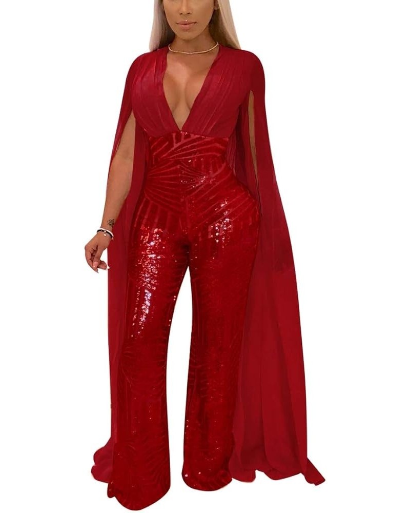 Women Elegant Romper Sexy Deep V Neck Sequin Long Sleeve Backless Cape Bodycon Jumpsuits Plus Size Red $24.08 Jumpsuits