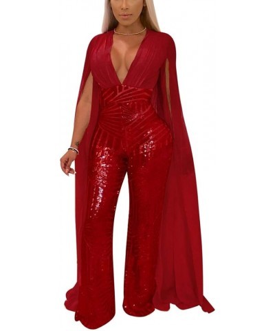 Women Elegant Romper Sexy Deep V Neck Sequin Long Sleeve Backless Cape Bodycon Jumpsuits Plus Size Red $24.08 Jumpsuits