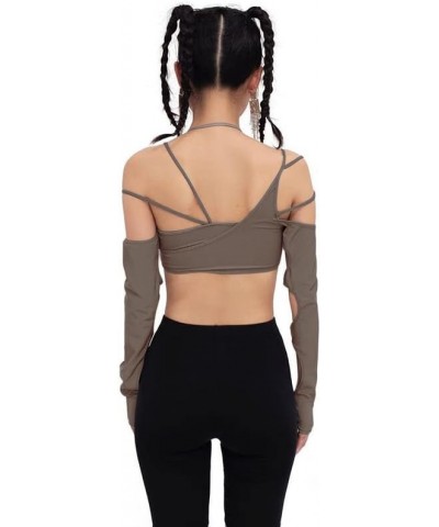 Women Halter Crop Tops Y2k Clothing Sexy Cut Out Long Sleeve T-Shirts Goth Cyber Punk Techwear Grunge Alt Emo Clothing Brown ...