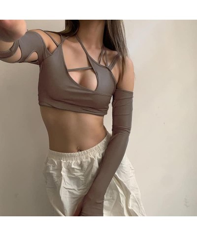 Women Halter Crop Tops Y2k Clothing Sexy Cut Out Long Sleeve T-Shirts Goth Cyber Punk Techwear Grunge Alt Emo Clothing Brown ...