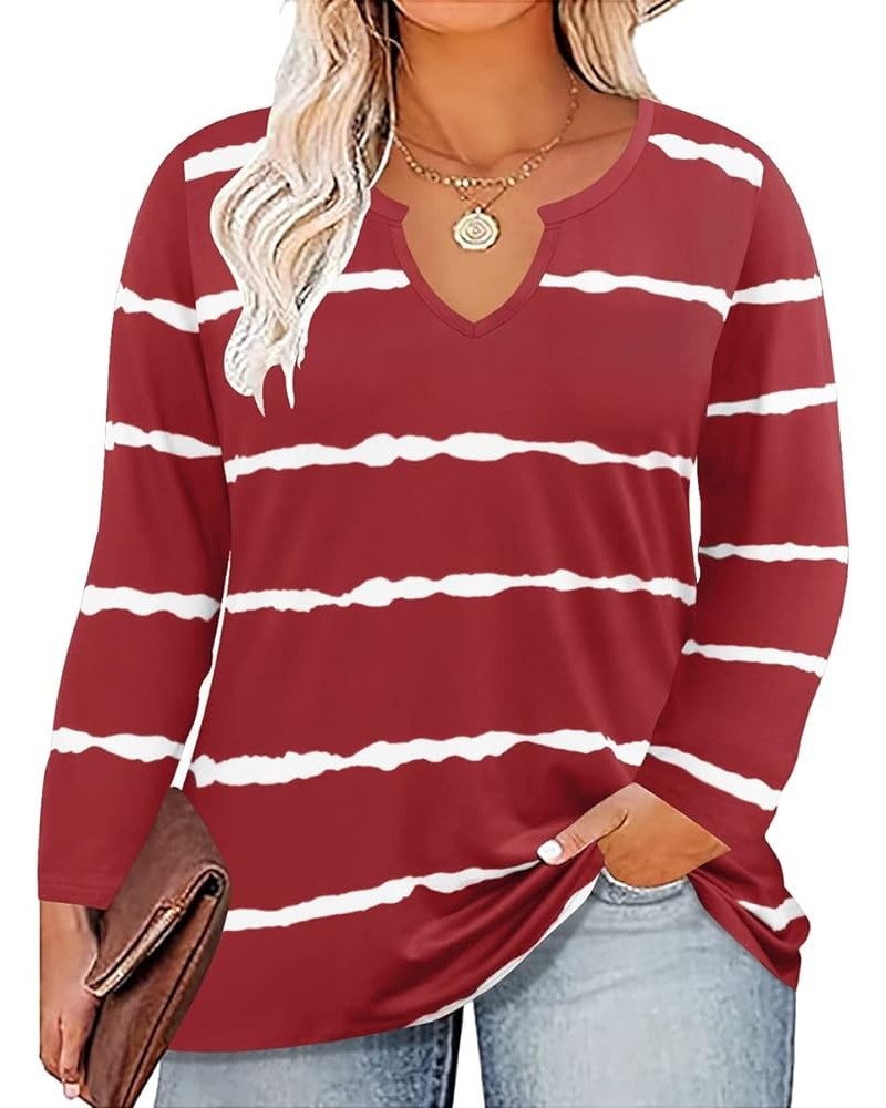 Plus Size Top for Women Long Sleeve T-Shirt Casual Blouses Fall Winter Halloween Christmas V Neck for Women A3-wine Red Strip...