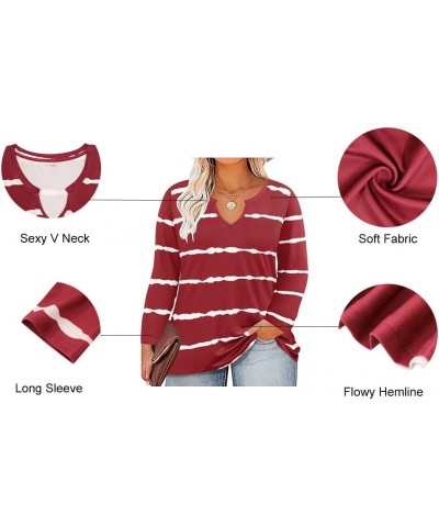 Plus Size Top for Women Long Sleeve T-Shirt Casual Blouses Fall Winter Halloween Christmas V Neck for Women A3-wine Red Strip...