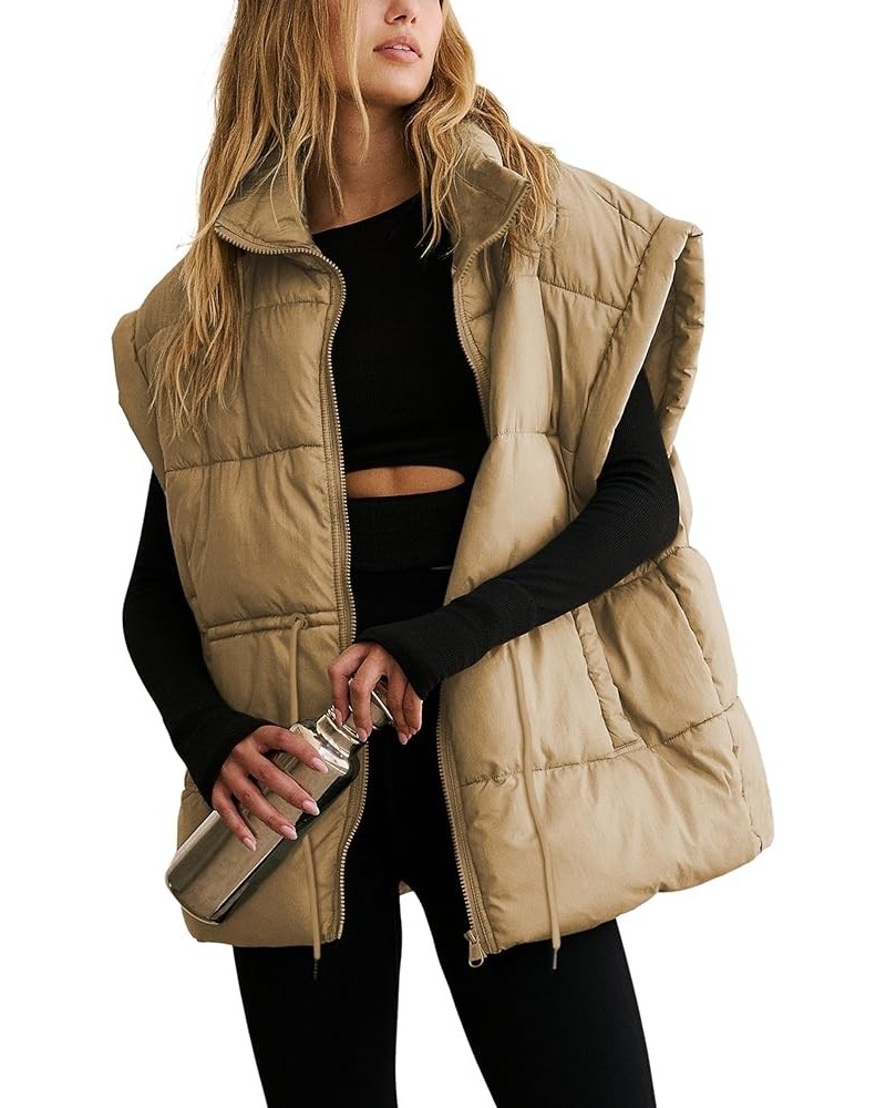 Puffer Vest Women Sleeveless Stand Collar Zip Up Padded Gilet Coat with Pockets Darkkhaki $23.21 Vests