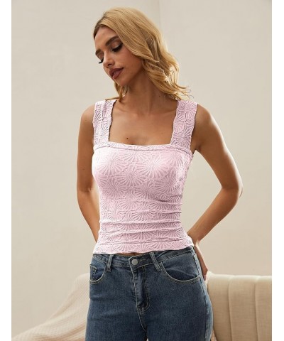 Women Square Neck Wide Strap Floral Crop Tank Top Sleeveless Lettuce Trim Solid Slim Cropped Cami Vest Tops Pink $11.28 Tanks