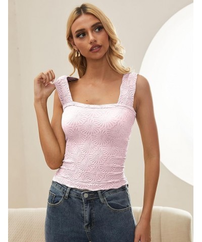 Women Square Neck Wide Strap Floral Crop Tank Top Sleeveless Lettuce Trim Solid Slim Cropped Cami Vest Tops Pink $11.28 Tanks