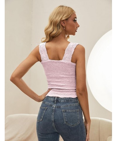 Women Square Neck Wide Strap Floral Crop Tank Top Sleeveless Lettuce Trim Solid Slim Cropped Cami Vest Tops Pink $11.28 Tanks