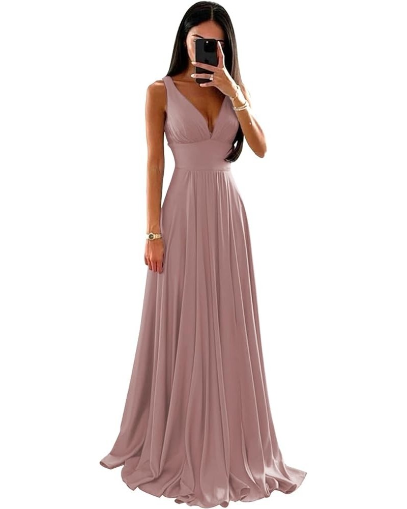 Double V Neck Bridesmaid Dresses for Wedding Long Chiffon Pleats Formal Prom Dress with Slit Dusty Rose $25.85 Dresses