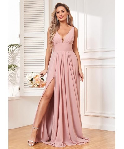 Double V Neck Bridesmaid Dresses for Wedding Long Chiffon Pleats Formal Prom Dress with Slit Dusty Rose $25.85 Dresses