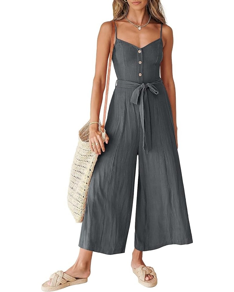 Women's Summer Spaghetti Straps V Neck Smocked Wide Leg Jumpsuits Rompers With Belt Dark Grey $20.70 Jumpsuits