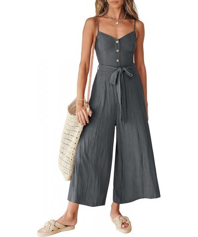 Women's Summer Spaghetti Straps V Neck Smocked Wide Leg Jumpsuits Rompers With Belt Dark Grey $20.70 Jumpsuits