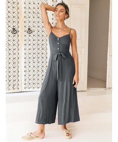 Women's Summer Spaghetti Straps V Neck Smocked Wide Leg Jumpsuits Rompers With Belt Dark Grey $20.70 Jumpsuits