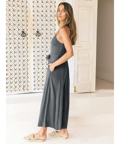 Women's Summer Spaghetti Straps V Neck Smocked Wide Leg Jumpsuits Rompers With Belt Dark Grey $20.70 Jumpsuits