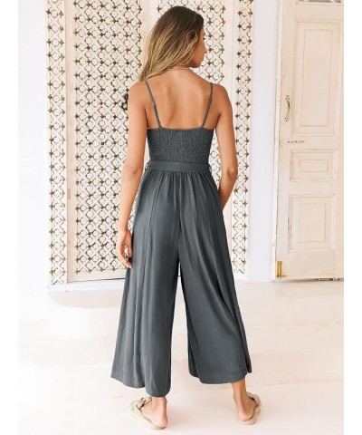 Women's Summer Spaghetti Straps V Neck Smocked Wide Leg Jumpsuits Rompers With Belt Dark Grey $20.70 Jumpsuits