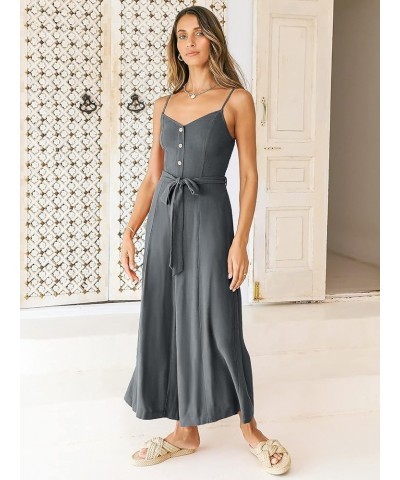 Women's Summer Spaghetti Straps V Neck Smocked Wide Leg Jumpsuits Rompers With Belt Dark Grey $20.70 Jumpsuits