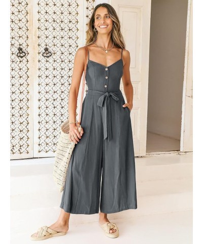 Women's Summer Spaghetti Straps V Neck Smocked Wide Leg Jumpsuits Rompers With Belt Dark Grey $20.70 Jumpsuits