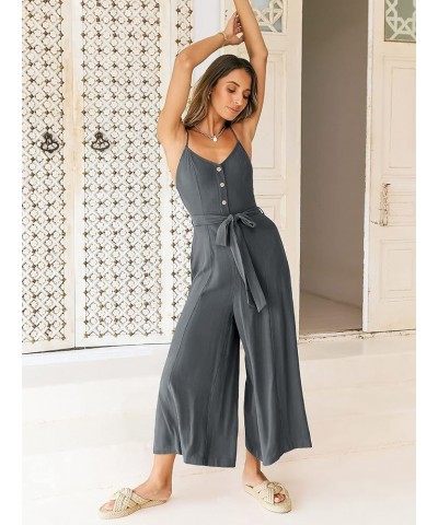 Women's Summer Spaghetti Straps V Neck Smocked Wide Leg Jumpsuits Rompers With Belt Dark Grey $20.70 Jumpsuits