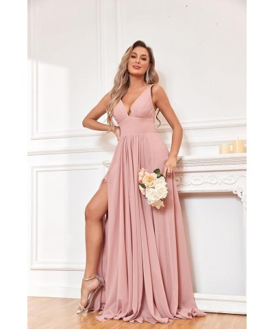 Double V Neck Bridesmaid Dresses for Wedding Long Chiffon Pleats Formal Prom Dress with Slit Dusty Rose $25.85 Dresses