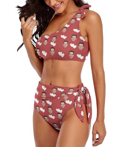 Women One Shoulder Bikini Tie Face on I Love You High Waisted Two Piece Swimsuits Pink Love Heart $18.28 Swimsuits