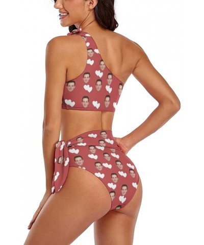 Women One Shoulder Bikini Tie Face on I Love You High Waisted Two Piece Swimsuits Pink Love Heart $18.28 Swimsuits