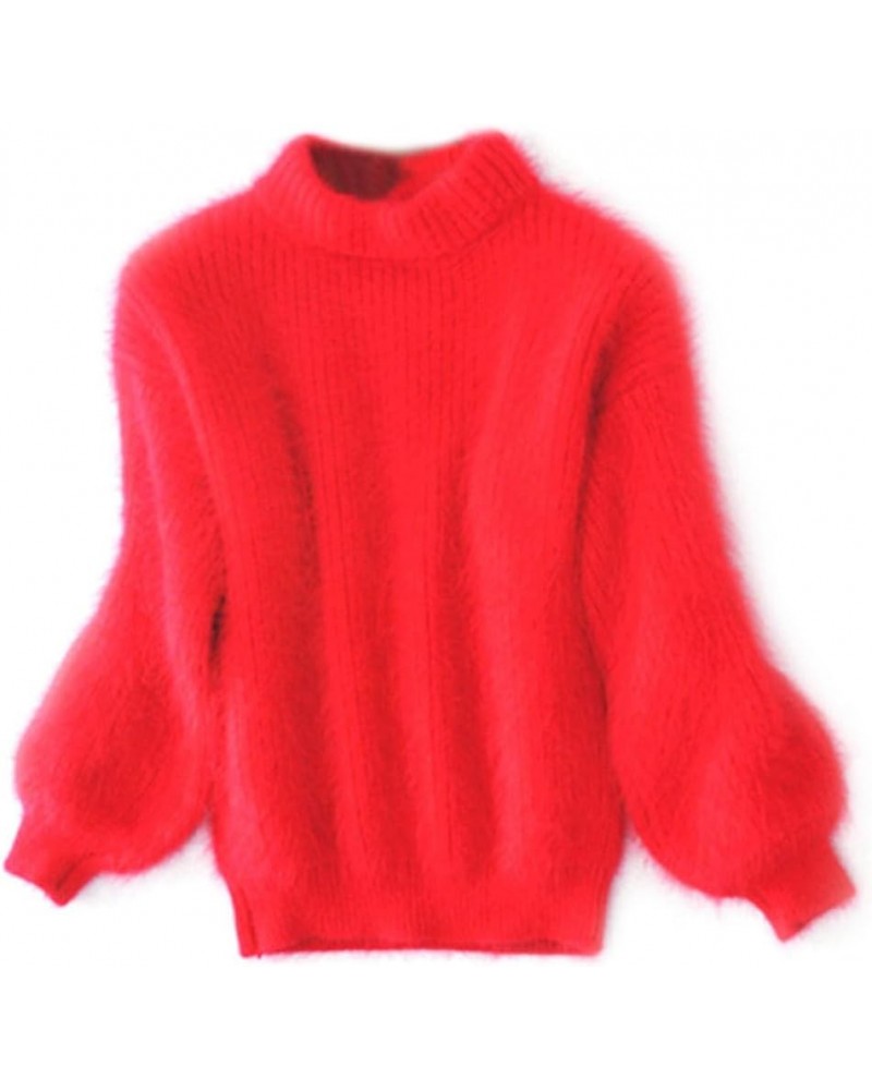 Angora Cashmere Blend Loose Warm Sweater Casual Thick Fleece Turtleneck Sweater Crewneck Knit Pullover Sweater Red $15.03 Swe...